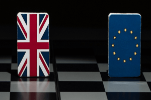 European Union Flag and British Flag on a chessboard for Brexit