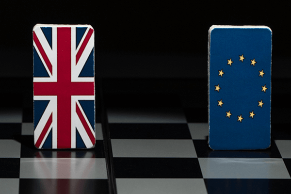 European Union Flag and British Flag on a chessboard for Brexit